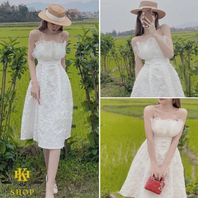 Váy gấm Đầm cúp ngực 2 dây ngọc chất đũi xốp có mút ngực, họa tiết nổi, von bèo ngực sang chảnh để dự tiệc