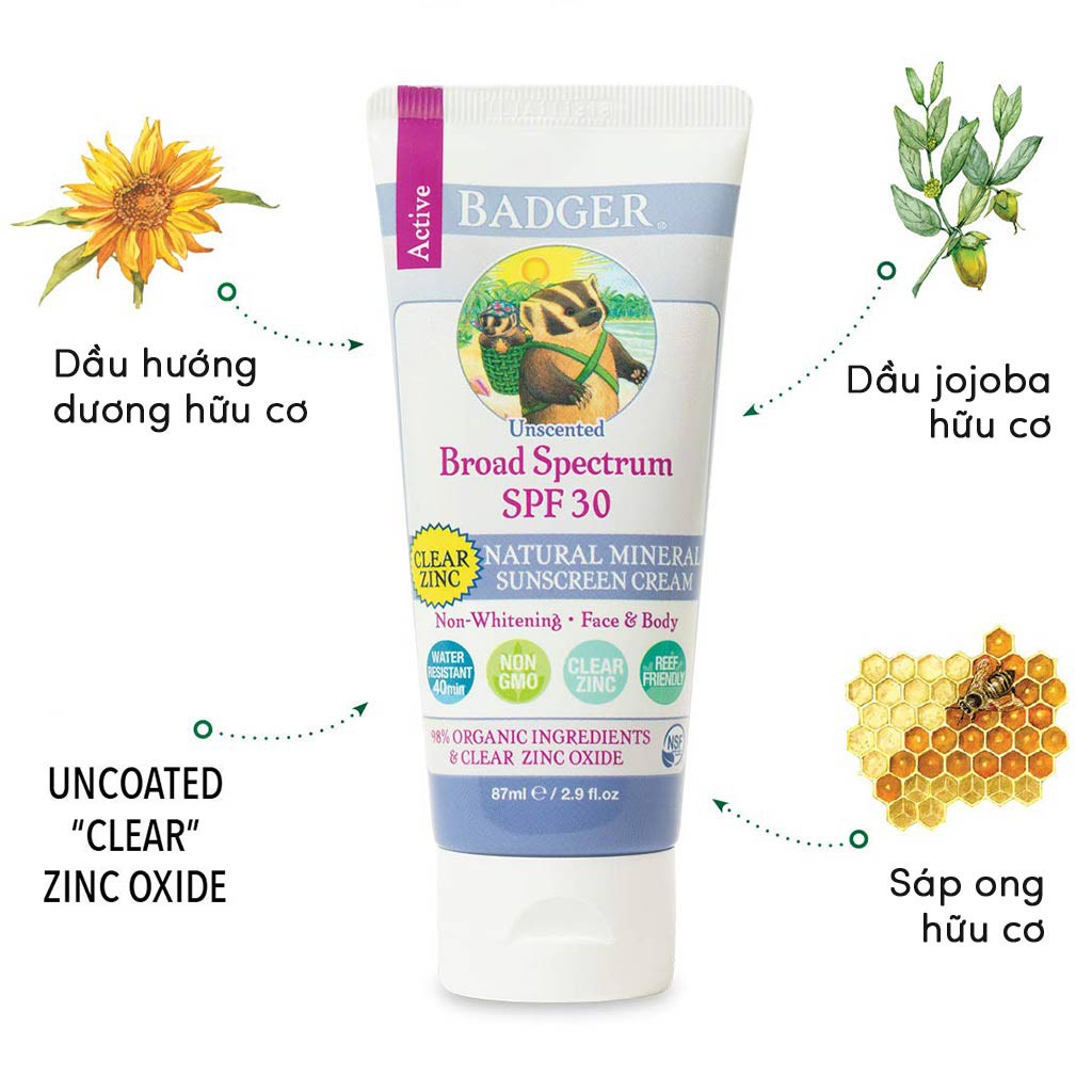 Kem chống nắng vật lý BADGER SPF 30 Active Sunscreen dưỡng ẩm hàng ngày phổ rộng an toàn cho bà bầu, da mụn khô nhạy cảm