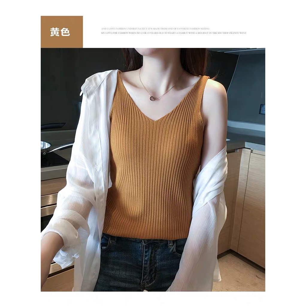 Áo hai dây cổ chữ V dệt kim vải lụa màu đen trắng thời trang hè trẻ trung cho nữ | BigBuy360 - bigbuy360.vn