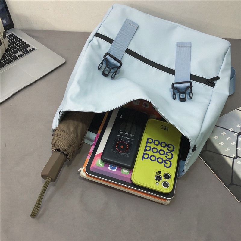 Balo Woo Unisex Quai Cài Khuy Hai Bên Chống Nước Dày Dặn, Balo Đi Học Nam Nữ Tag Da Cá Tính