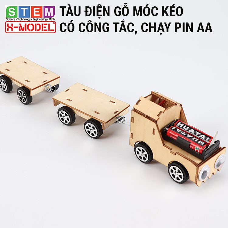 Xe đồ chơi STEM Tàu điện gỗ có móc kéo X-MODEL cho bé, Đồ chơi sáng tạo cho bé DIY| Giáo dục STEM, STEAM