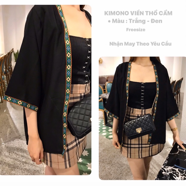 Kimono Viền Thổ Cẩm (Trắng-Đen)