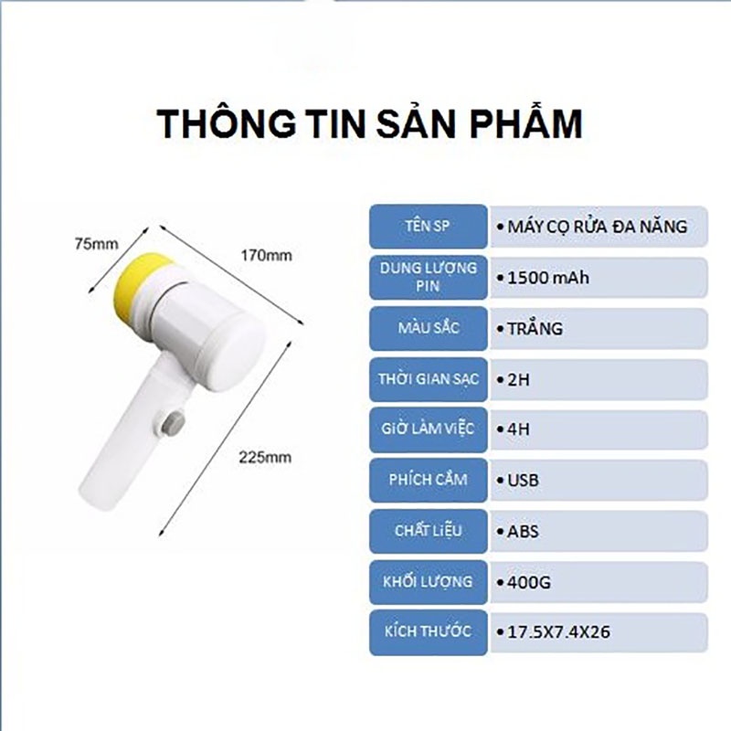 Máy cọ rửa cầm tay đa năng,sạc điện USB,bàn chải vệ sinh nhà bếp, bồn rửa mặt với 3 đầu thay thế tiện lợi