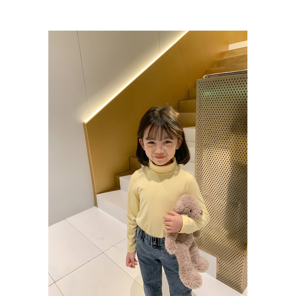 Girls' round neck middle neck basic shirt children's solid striped high collar cashmere T-shirt 2021 new autumn and winter fashion