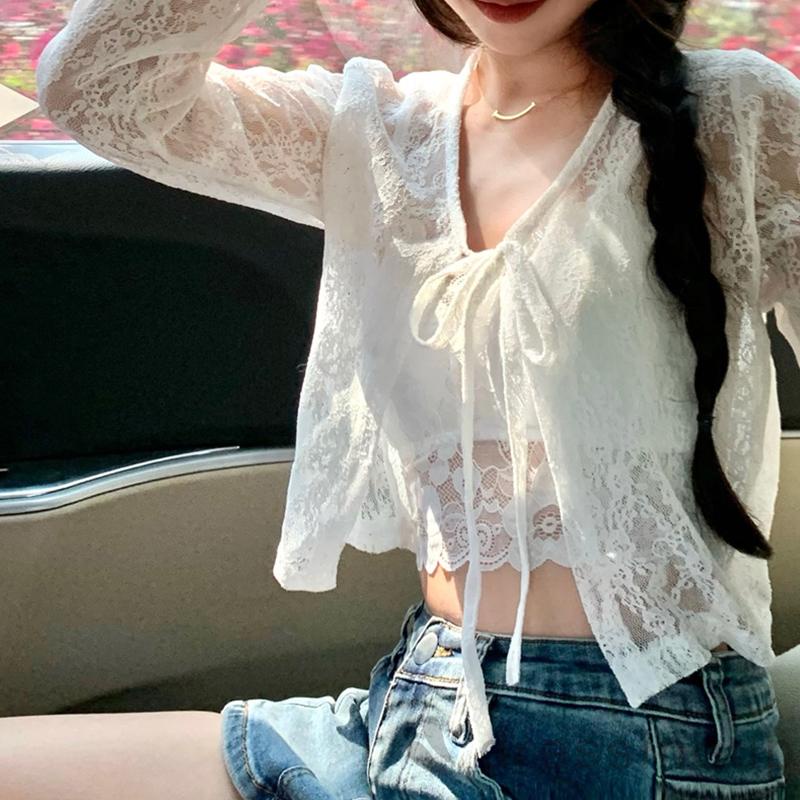 Áo Sơ Mi Tay Dài Màu Trơn Phối Ren Chống Nắng Thời Trang Mùa Hè Cho Nữ