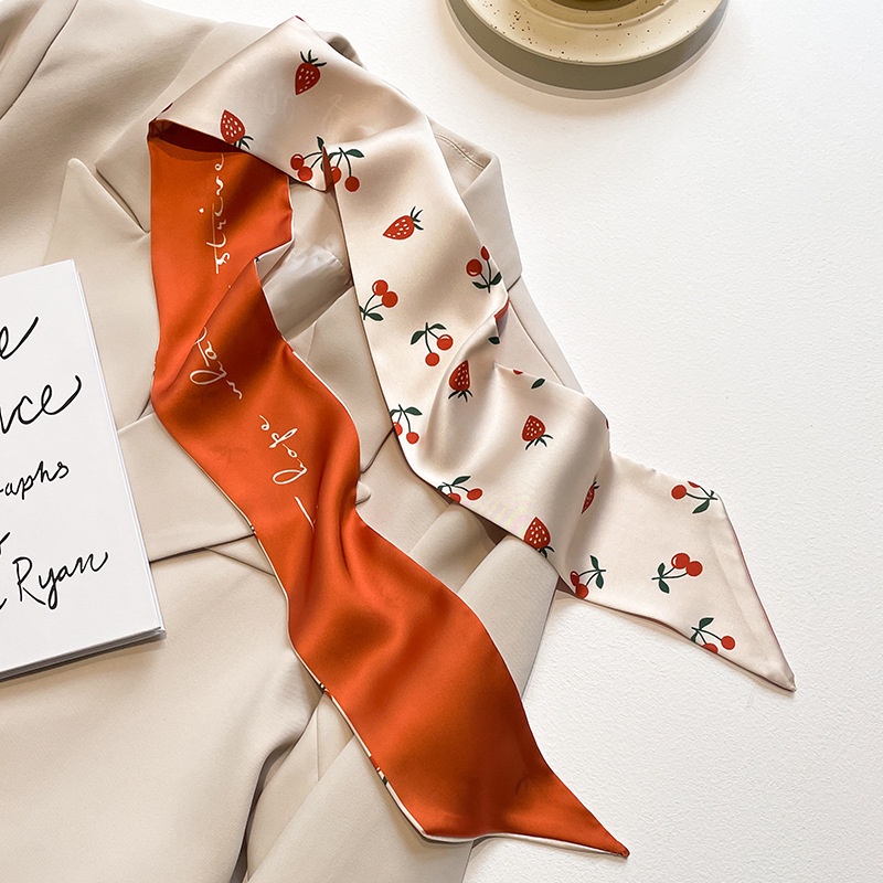 Hàng Mới Về [Hàng Mới Về] Khăn Choàng Cổ Dài Bằng Lụa Nhỏ Họa Tiết Hoa Dâu Tây Cho Nữ