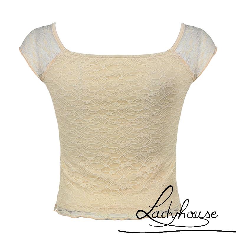 Áo thun tay ngắn cổ chữ V phối ren thời trang xuân hè cho nữ