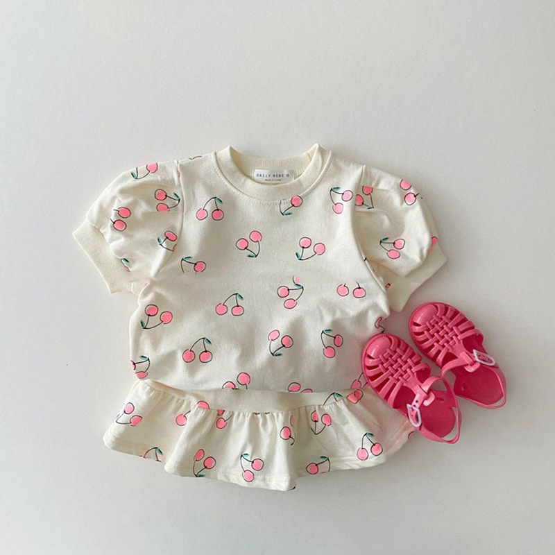 Set áo thun ngắn tay + chân váy ngắn họa tiết quả cherry độc đáo phong cách Hàn Quốc thời trang mùa hè cho bé gái