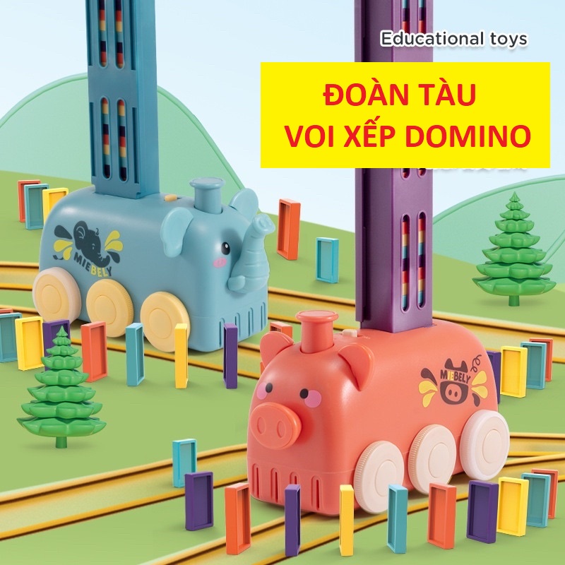 Đồ chơi đoàn tàu con voi thả domino có đèn cho bé xếp hình lắp ráp giải trí tăng trí thông minh giáo dục mầm non