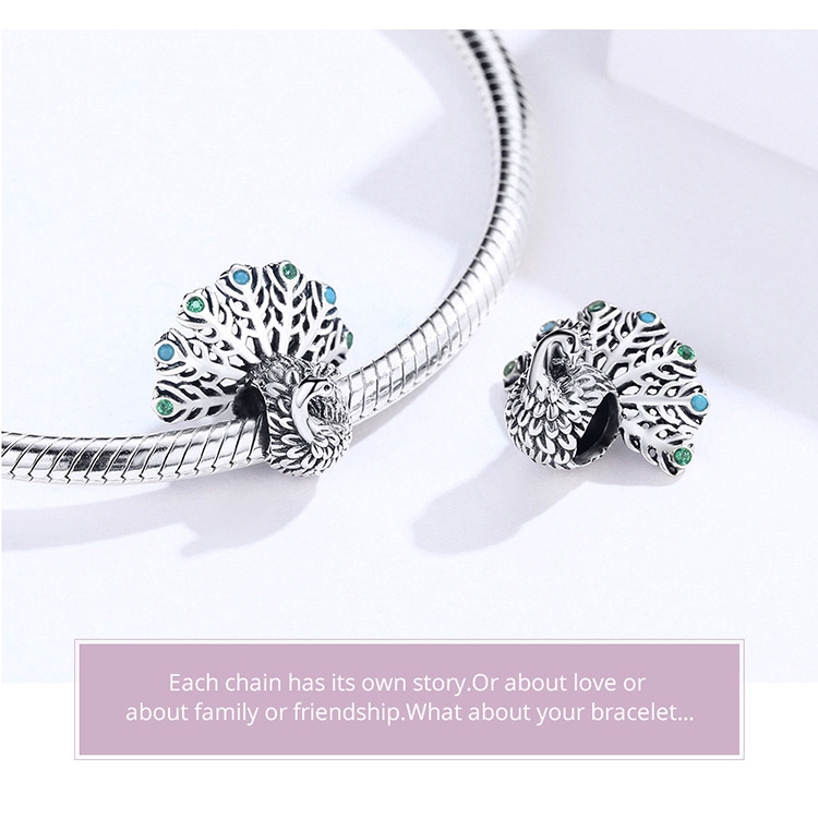 Hạt Trang Sức Bamoer bạc Hình Chim Công 3d Sang Trọng Cỡ 3mm