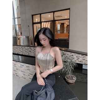 Áo Croptop Cổ Yếm Cột Lưng Da Đen