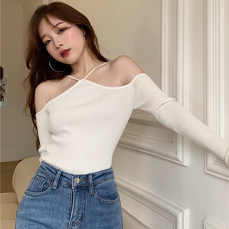 Áo len nữ kiểu dáng sexy kiểu dây yếm trễ vai chất len tăm Quảng Châu dệt chất lượng tốt