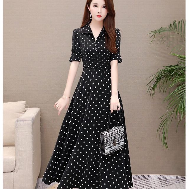 ĐẦM XÒE CHẤM BI TAY LỠ CỔ SƠ MI CAO CẤP MSP - D 26541( HÀNG NHẬP)