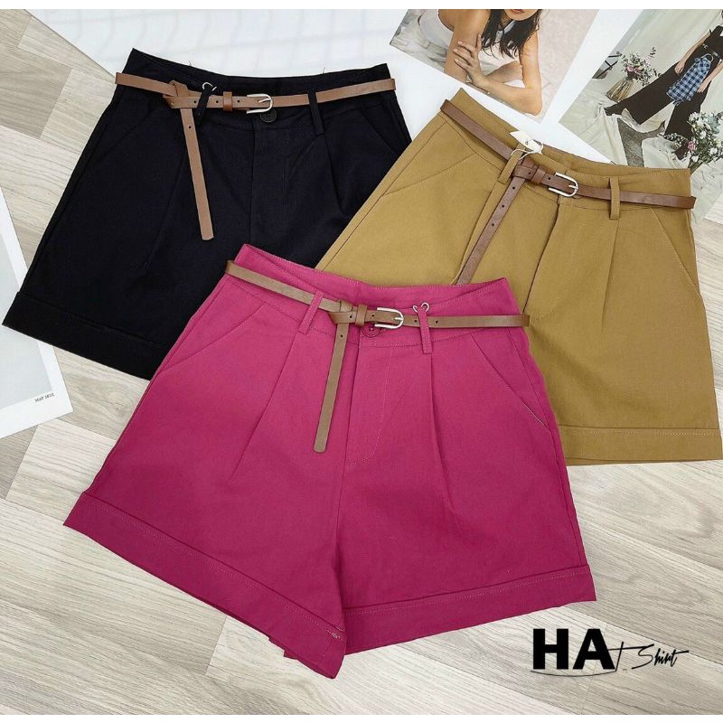 quần đùi nữ vải kaki mềm kèm đai cạp khóa lưng cao
