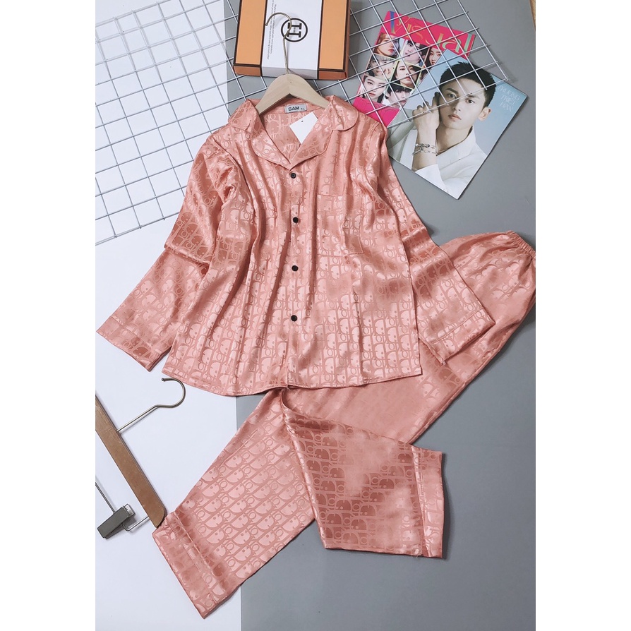 Bộ Đồ Pyjama Mặc Nhà Vải Gấm Cao Cấp Chất Liệu Mềm Mịn Không Nhăn Không Xù, Bộ Đồ Ngủ Thu Đông Dài Tay Vải Gấm Lụa