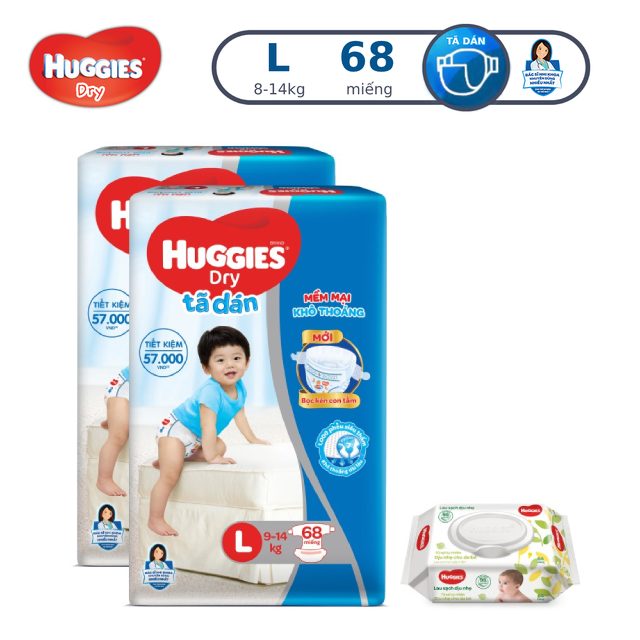 [Tặng khăn ướt 64 tờ] Combo 2 Tã dán Huggies Dry Super Jumbo M76/L68/XL62/XXL56