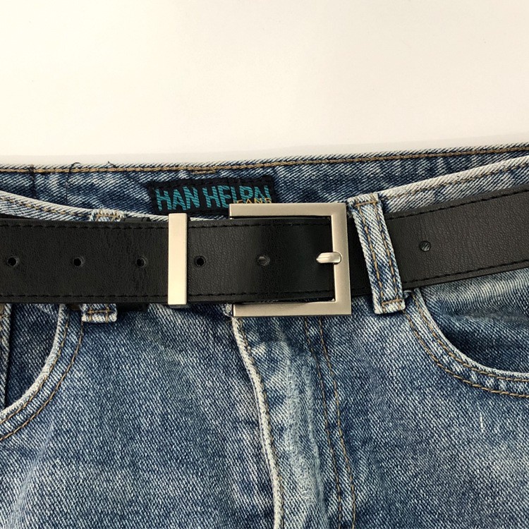 Thắt lưng da nam nữ BROO mặt vuông chữ nhật màu bạc đẹp, dây nịt lưng ulzzang unisex bản dây 3.3cm