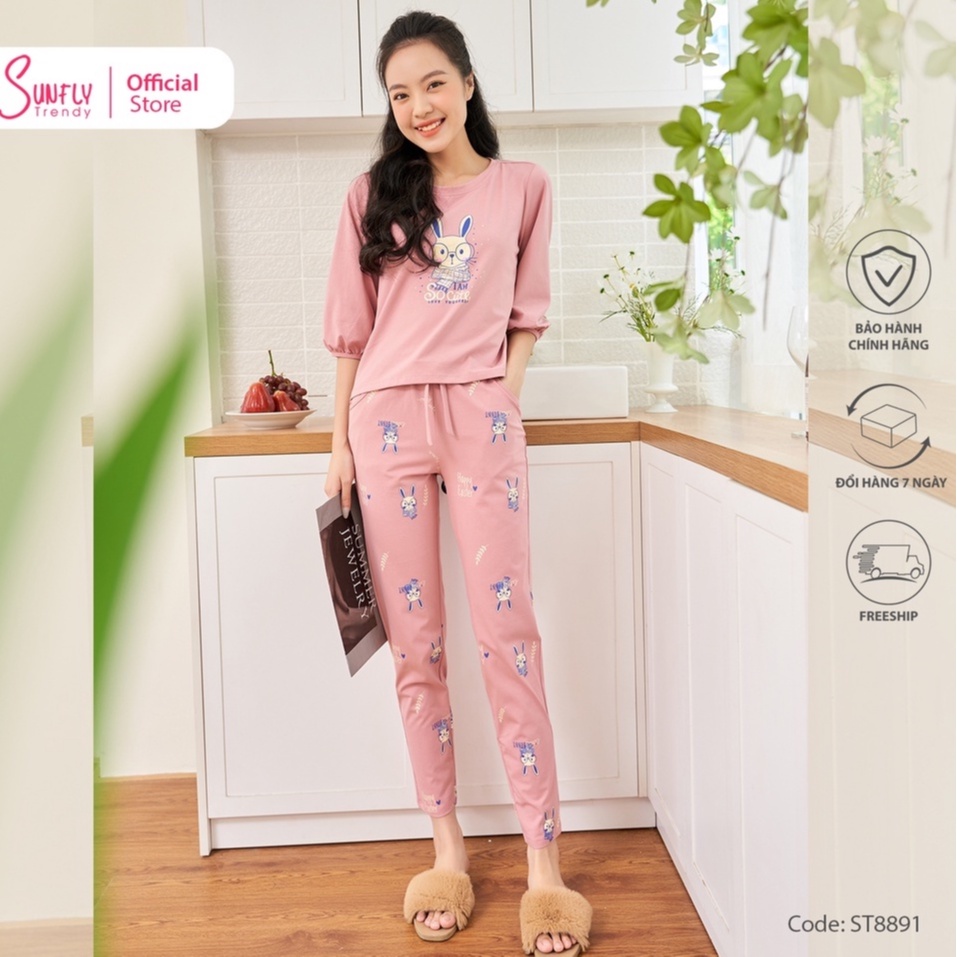 Bộ mặc nhà nữ cotton SUNFLY áo tay lỡ, quần dài ST8891