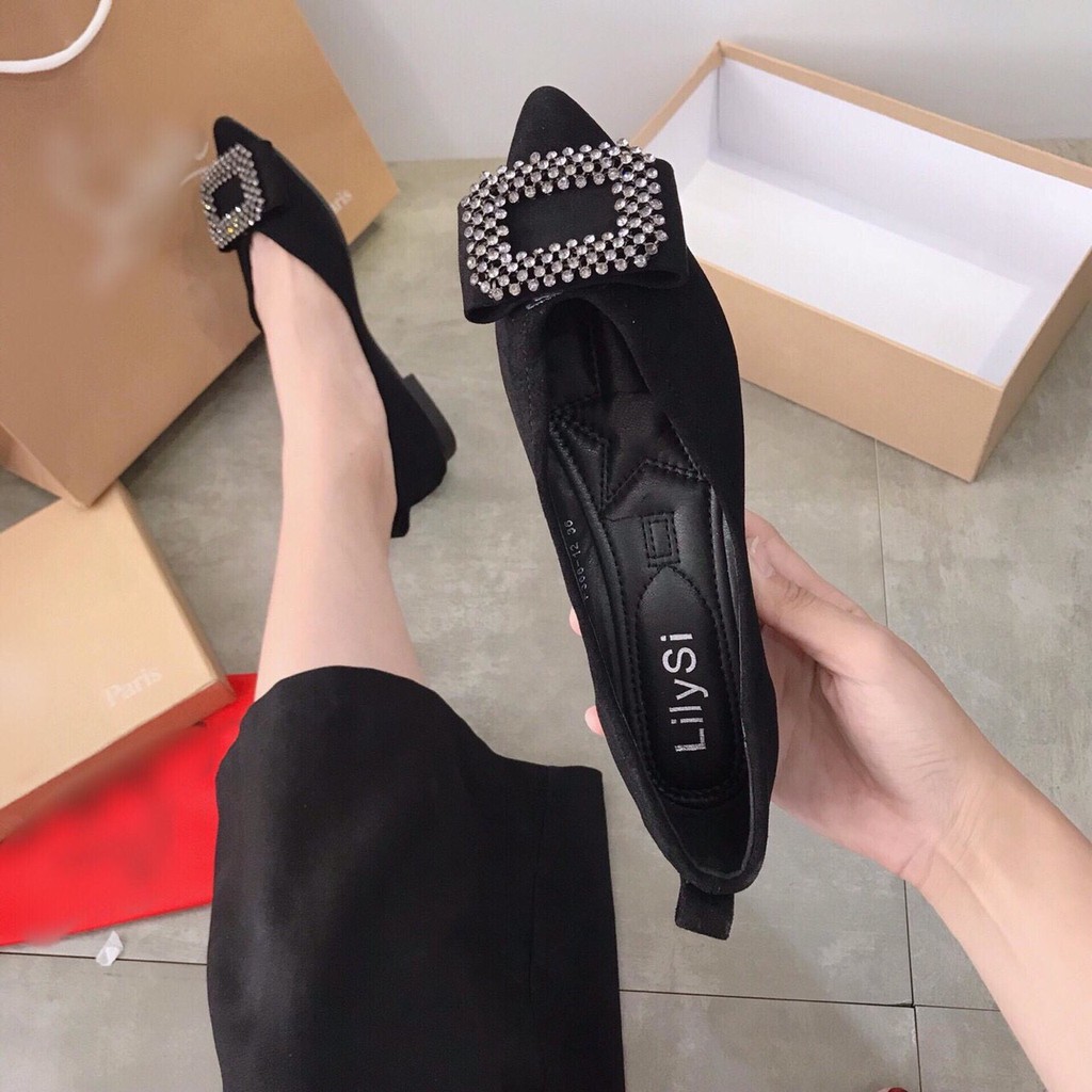 Giày búp bê nữ ACILICI thời trang chất nhung khóa đá , mũi nhọn kiểu dáng thanh lịch gót cao 2cm_TC058 | BigBuy360 - bigbuy360.vn