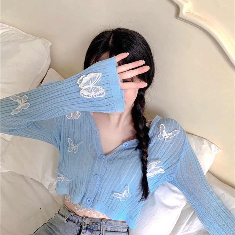 Áo Khoác Cardigan Tay Dài Phối Lưới Hoạ Tiết Bướm 3D Cho Phái Nữ