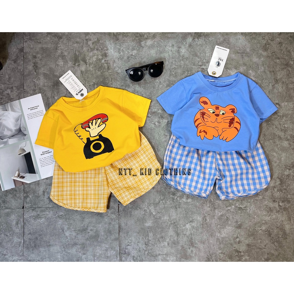 Đồ Bộ Cộc Tay Bé Trai, Bé Gái Áo Cotton QC Phối Quần Thô Đũi Kẻ Caro, Bộ Cho Bé Mặc Đi Chơi - AN.KID