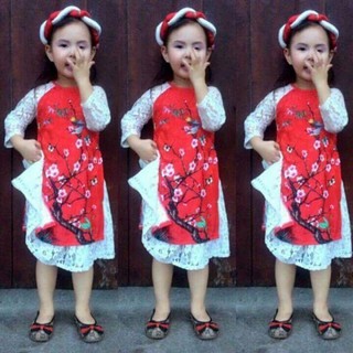 Sét ÁO DÀI CHO BÉ gồm vấn, áo dài kèm chân váy ren hai lớp