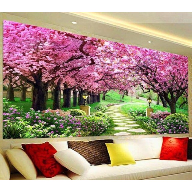 Tranh thêu chữ thập phong cảnh con đường tình yêu KT:100x55.132x62cm. Tranh chưa thêu và chưa khung. Tặng kéo và sỏ chỉ