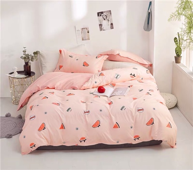 Bộ chăn ga giường cotton poly dưa hấu mắt Suhali Shop, vỏ chăn mền, drap nệm và 2 vỏ gối