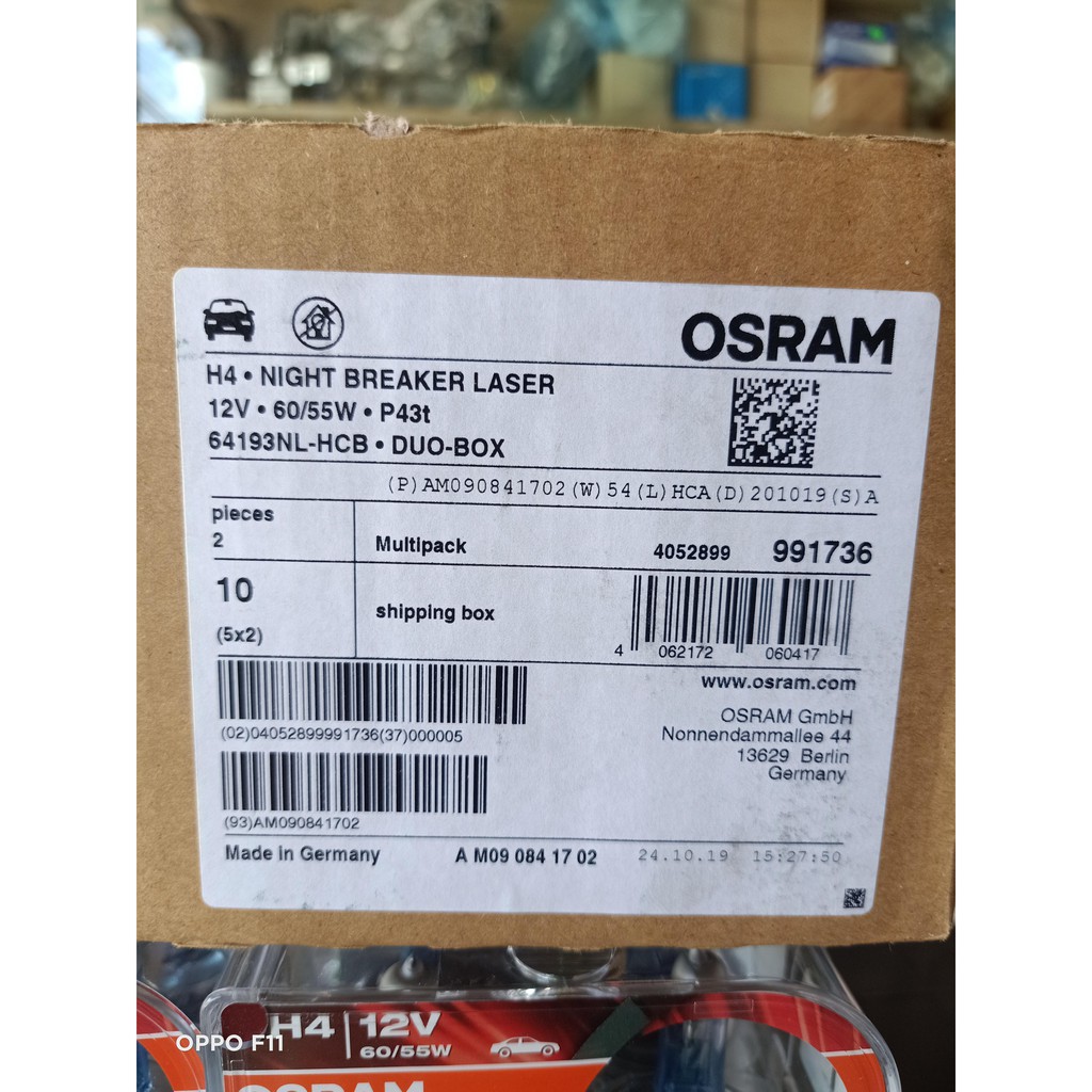 Bóng Đèn H4 12V 60/55W Tăng Sáng 150% OSRAM NIGHT BREAKER LASER (Giá 1 Cặp)