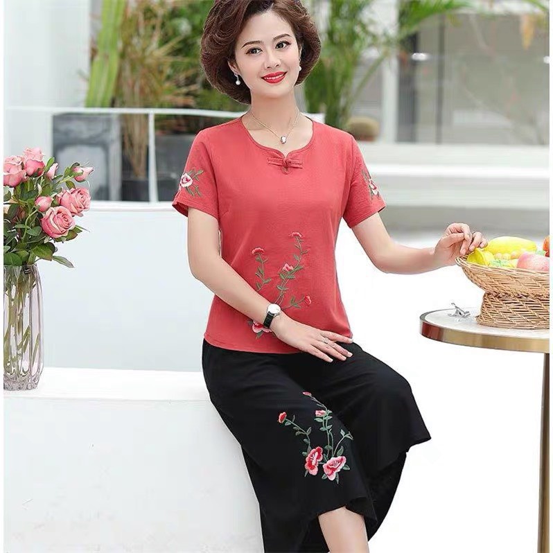 BGIA6 - BỘ ĐŨI BÀ GIÀ THÊU HOA QUẦN ĐEN 5 MÀU