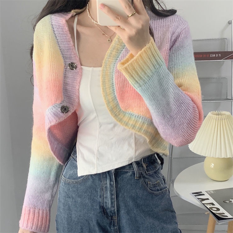 Áo Khoác Cardigan Dệt Kim Tay Dài Dáng Rộng Màu Nhuộm Phong Cách Hàn Quốc Thời Trang Thu Đông Cho Nữ