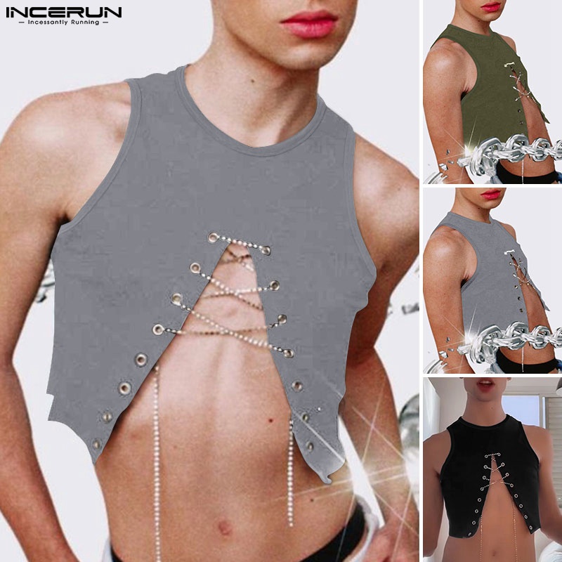 Áo croptop INCERUN sát nách màu trơn phối dây cột 3 màu sắc lựa chọn cho nam