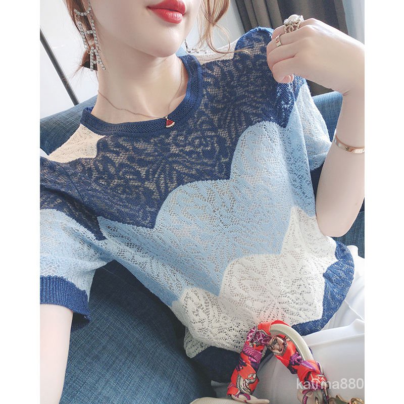 Áo Dệt Kim Tay Ngắn Dáng Rộng Thiết Kế Đục Lỗ Thoáng Khí Thời Trang Mùa Hè Mới Cho Nữ
