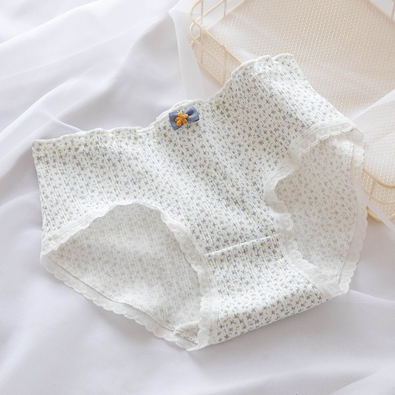 Quần Lót Nữ Cotton Gân Tăm Viền Ren Hoạ Tiết Hoa Xanh 0135