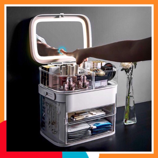 Kệ đựng đồ mỹ phẩm có đenf led, có tay xách cao cấp