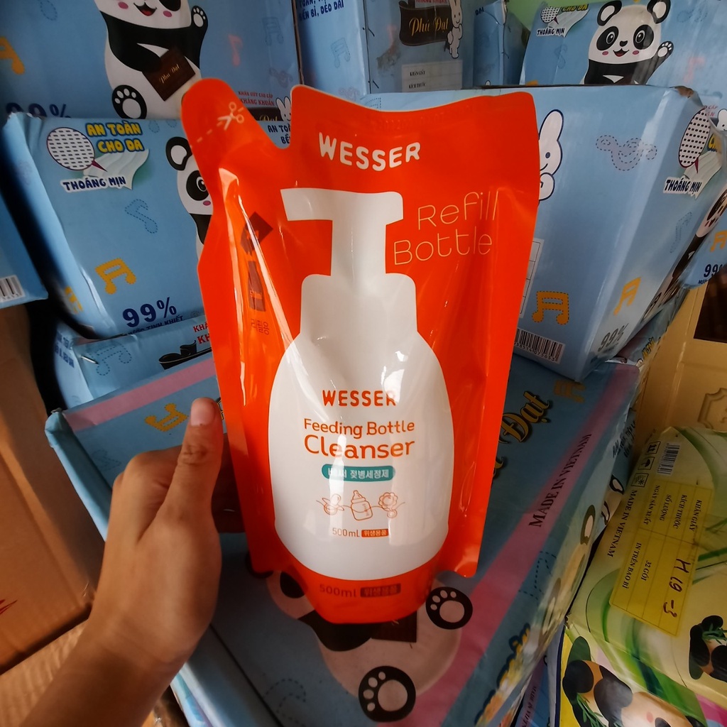 Nước rửa bình Wesser 50ml dạng túi,  túi nước rửa bình sữa hàn quốc 500ml/túi
