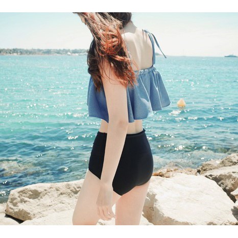 Bộ đồ bơi 2 mảnh dành cho nữ bikini 2 dây dễ thương áo xanh quần đen mã L67 | WebRaoVat - webraovat.net.vn