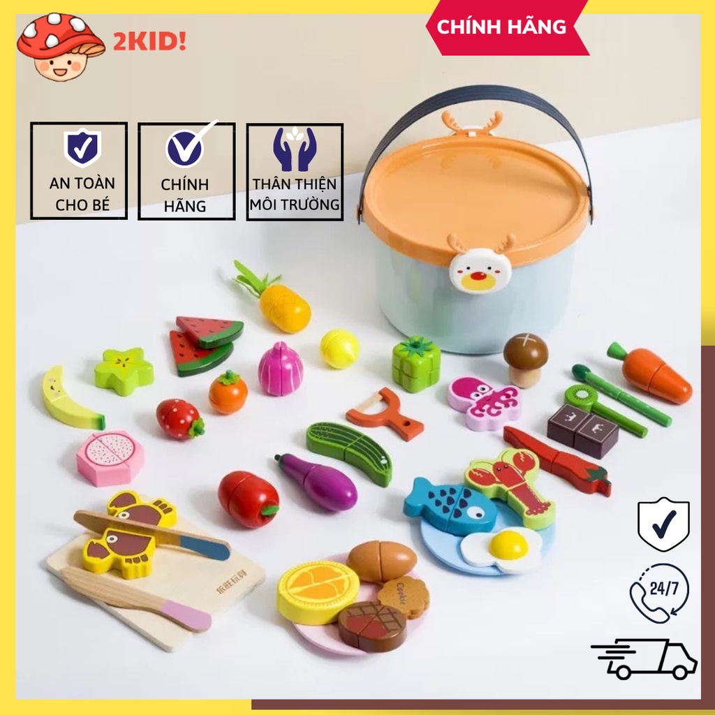 ▼☃Đồ chơi nấu ăn cho bé, Bộ cắt hoa quả và rau củ nhà bếp bằng gỗ an toàn, kèm hộp đựng cao cấp