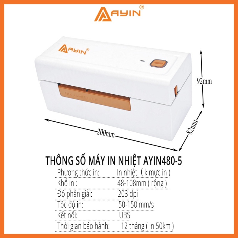 Máy in đơn hàng AYIN 480-5 in nhiệt, mã vận đơn, mã vạch, phiếu gửi hàng, logo có sẵn lớp keo tự dính BH 12 tháng