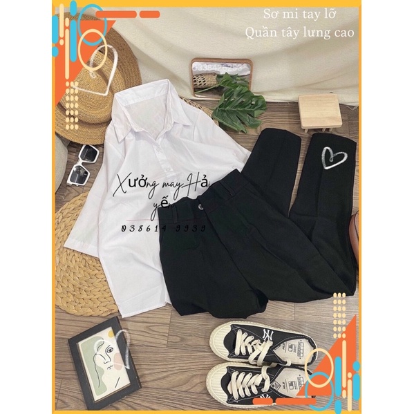 Sét đồ nữ công sở - Đi học , Áo sơ mi tay lỡ phối quần Baggy Tây lưng cao mã 009