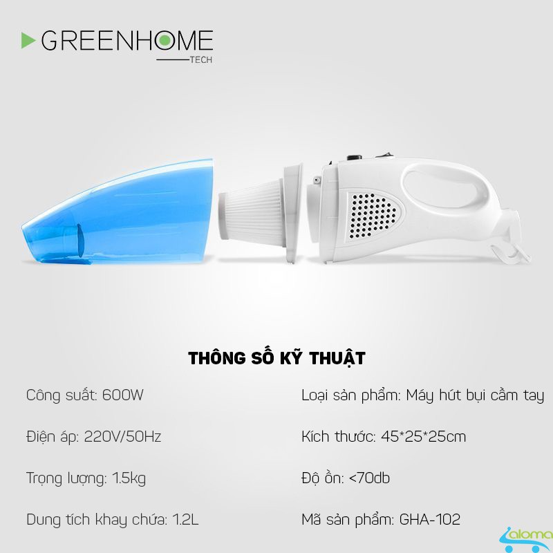 Máy hút bụi mini cầm tay 600W GreenHome 6 đầu hút tặng kèm 1 lõi lọc