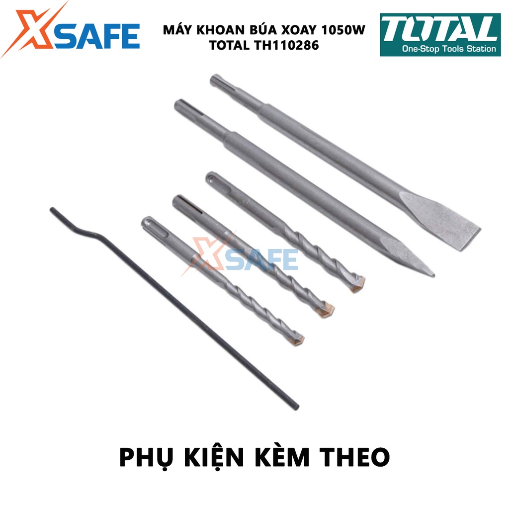 Máy khoan búa cầm tay TOTAL TH110286 1050W tốc độ 9000rpm, tốc độ đập 4000bpm, khả năng khoan bê tông 28mm, đục 14mm