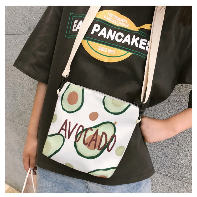 Túi Đeo Vai Vải Canvas Cỡ Nhỏ In Họa Tiết Quả Bơ Hoạt Hình Phong Cách Nhật Bản Độc Đáo