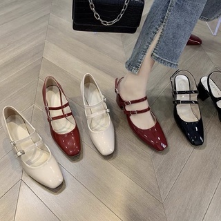 Giày búp bê da bóng cao gót đế vuông 7cm