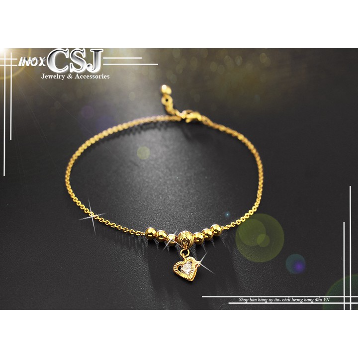 Lắc chân inox nữ CSJ kiểu bi cách điệu trái tim xoàn mạ vàng không đen | BigBuy360 - bigbuy360.vn