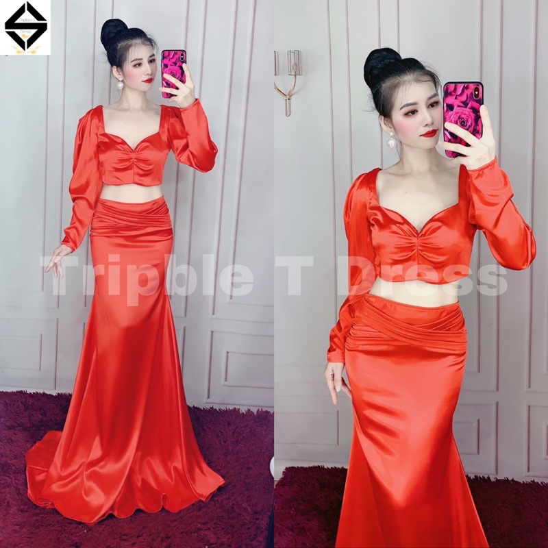 Đầm maxi dạ hội đuôi cá sét rời áo tay dài phồng + CV chất phi lụa TRIPBLE T DRESS - MS207Y - size S/M/L