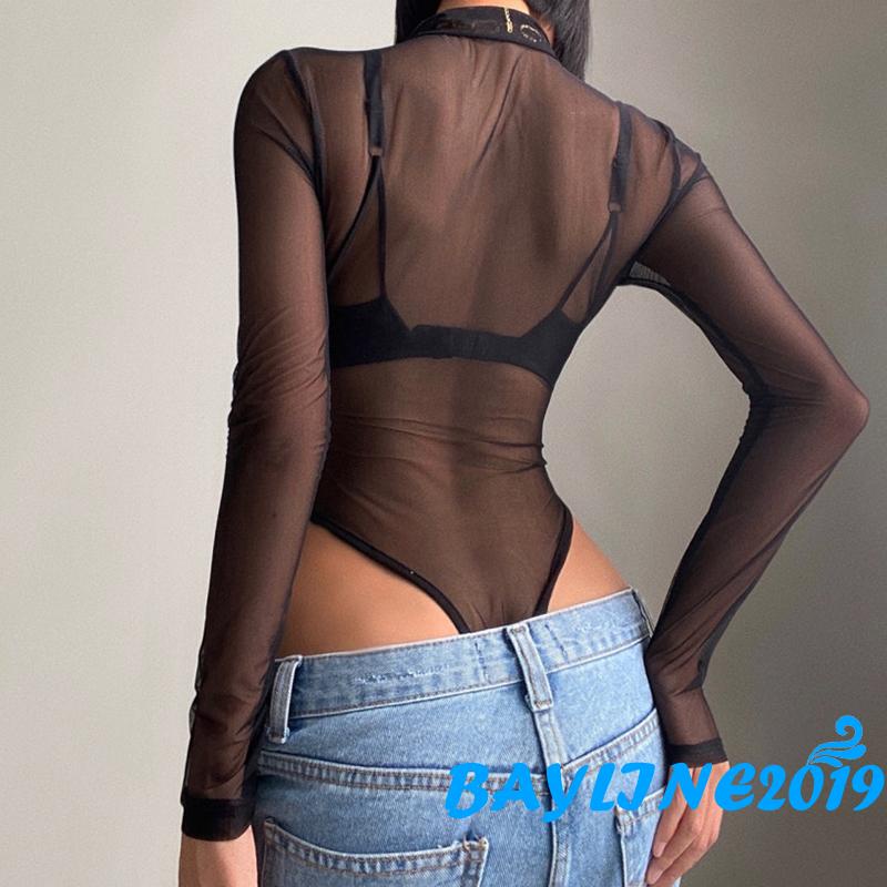 Bộ Áo Liền Quần Tay Dài Màu Trơn Phối Lưới Có Khóa Kéo Thời Trang Mùa Thu Cho Nữ