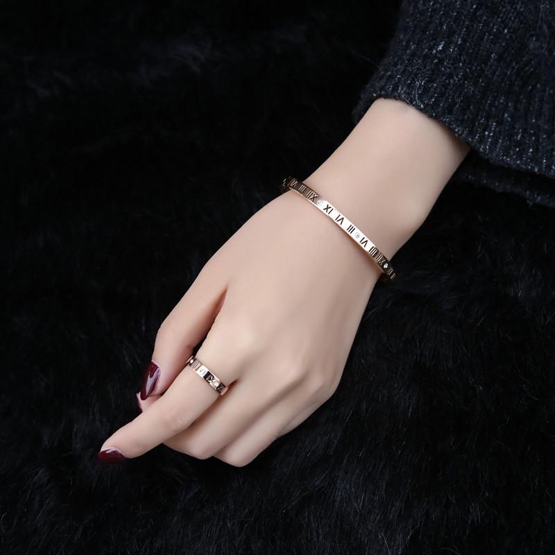 Vòng tay mạ vàng hồng 18k / bạc khắc chữ số la mã thời trang nam nữ phong cách Hàn Quốc