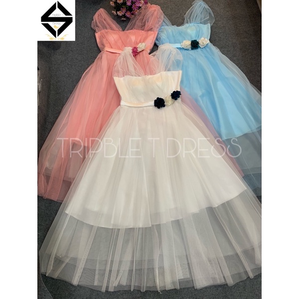 Đầm xoè dự tiệc rớt vai hoặc cổ V lưới siêu xinh TRIPBLE T DRESS -size M/L/XL - MS37V