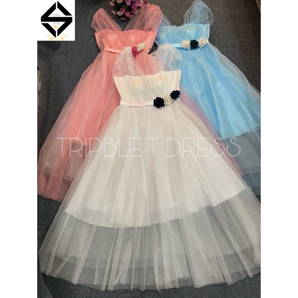 Đầm xoè dự tiệc rớt vai lưới siêu xinh TRIPBLE T DRESS -size M/L/XL ( ảnh/video thật) MS37V